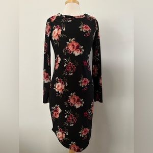 Black Floral Fitted Midi Dress
